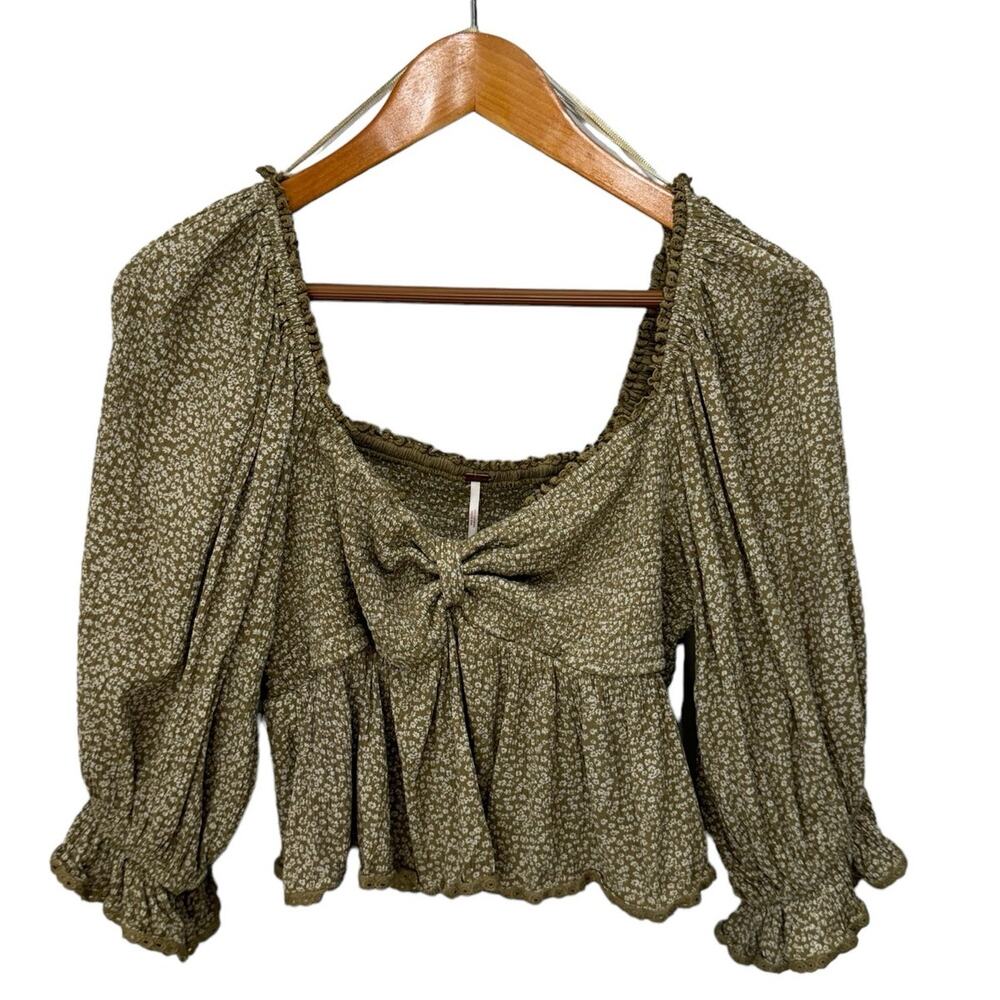 FREE PEOPLE Top Womens M Green Cropped Peasant Prairie Boho Festival